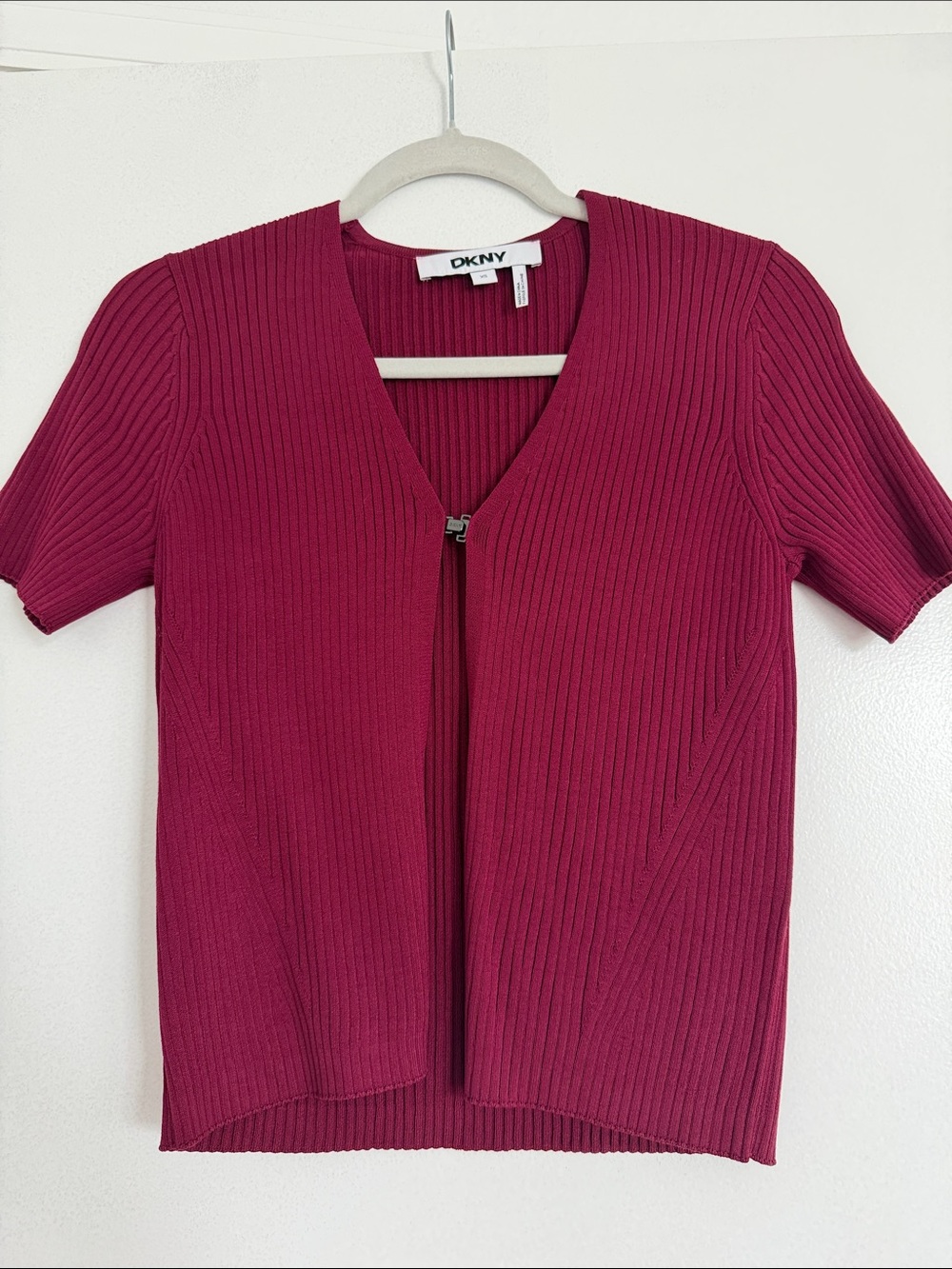 DKNY Short Sleeve Ribbed Zip-Front Top - Raspberry